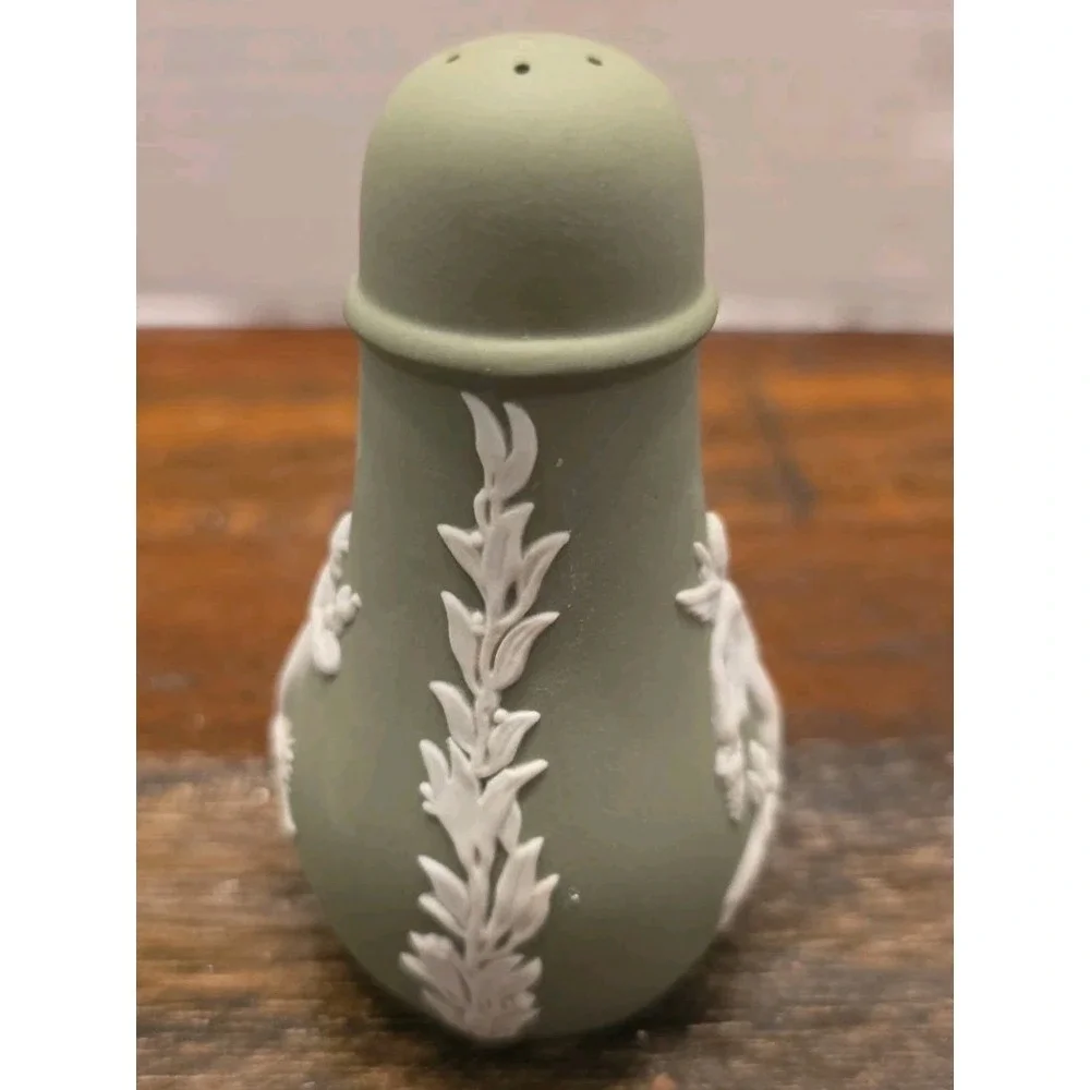 Vintage Wedgwood Jasperware Sage Green Salt & Pepper Shaker Set Cherub England